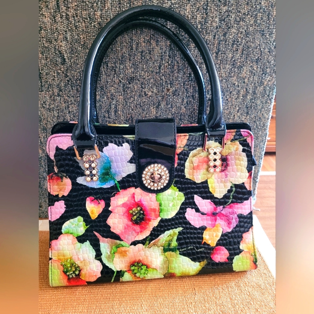 Glossy Black and Floral Hand Bag